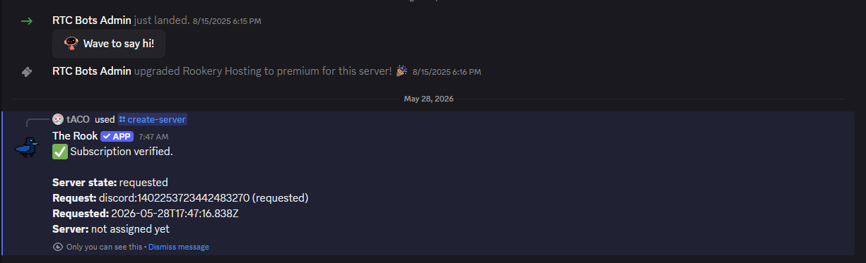 Discord bot response confirming a verified subscription and requested server state.