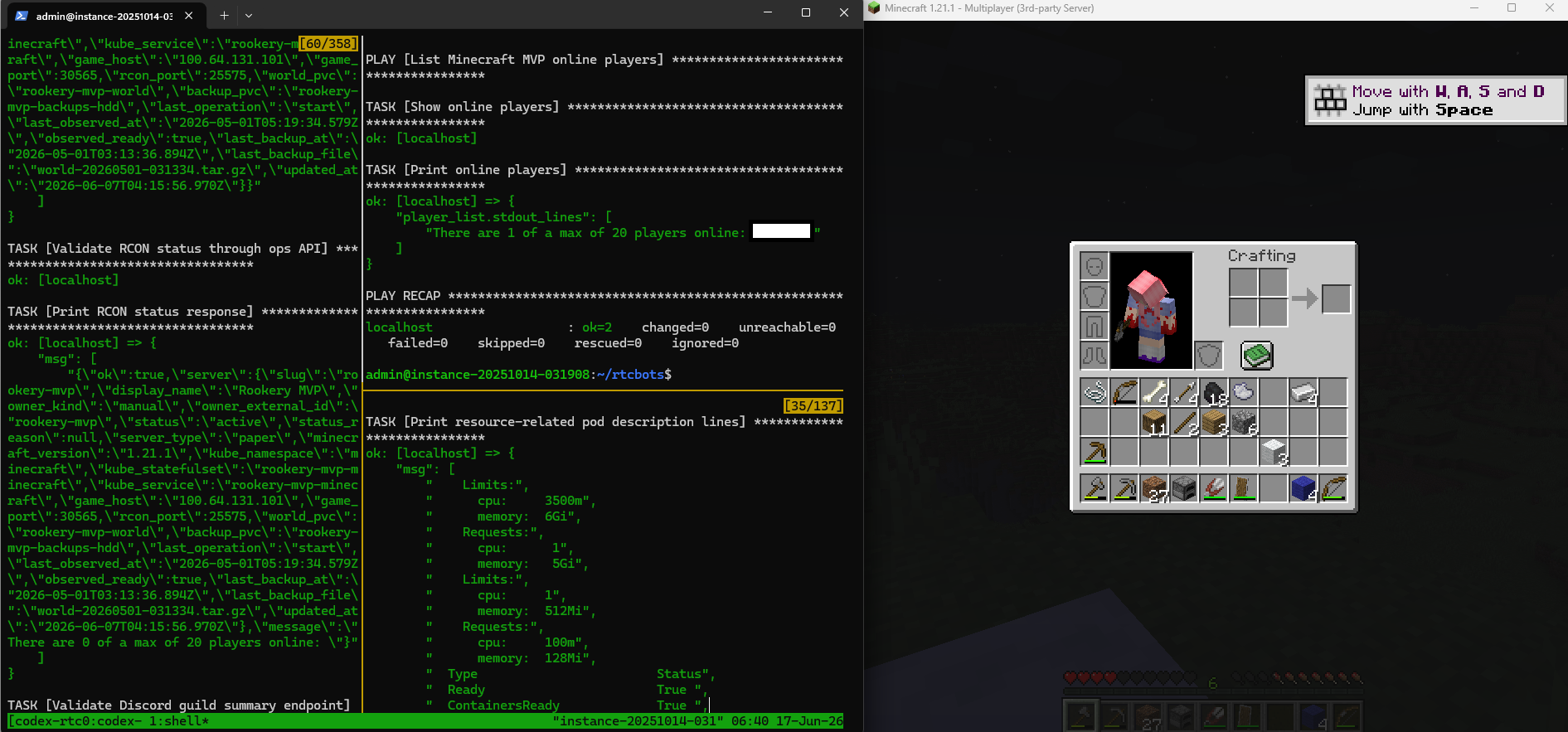 Minecraft client connected to a Rookery-hosted server beside operator status showing one player online and server resources.