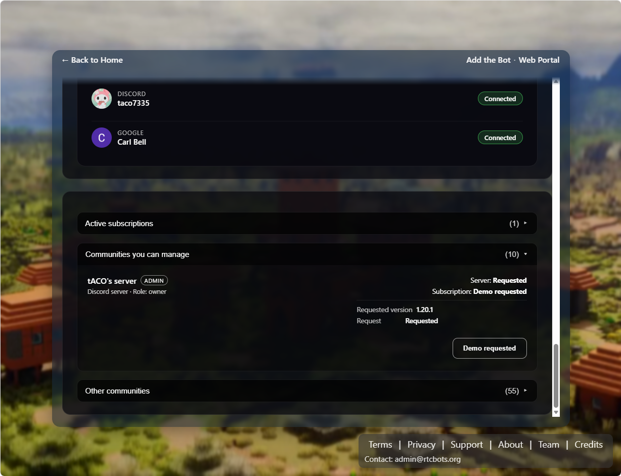 Rookery web portal showing linked accounts, active subscriptions, and a requested server for a managed community.