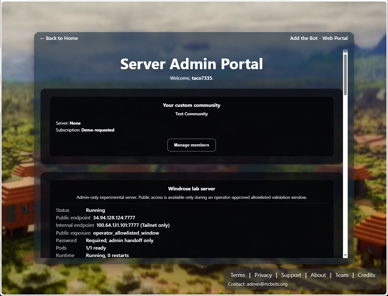 Rookery web portal showing Windrose lab server status, endpoint state, backups, upload, restore, and controlled access controls.